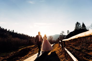 Damat gelinin elini tutar ve yürür. Güneş ışınları, dağlar ve ormanın arka planında gelin.