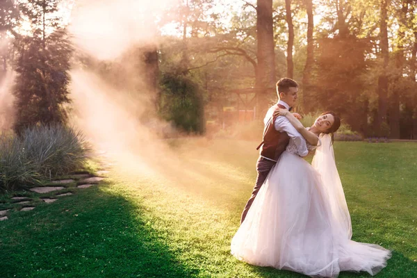 Fantastiskt Leende Bröllopspar Vacker Brud Och Snygg Brudgum Romantiskt Bröllop — Stockfoto