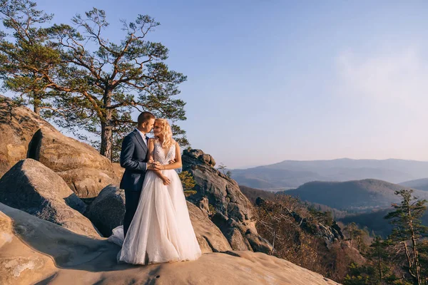 Bruiloft Koppel Liefde Knuffelen Buurt Van Rotsen Prachtig Landschap — Stockfoto