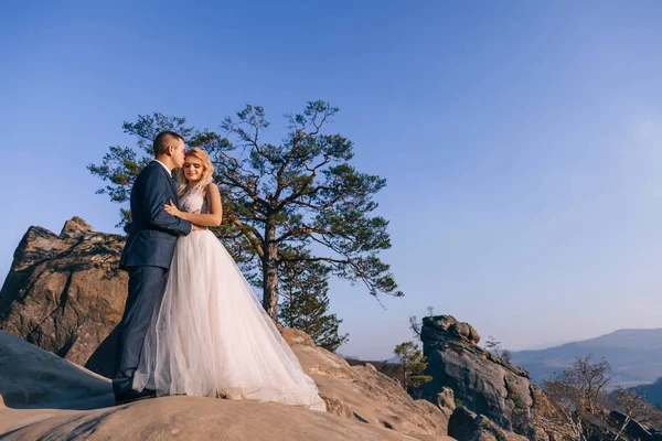 Sposi Abbracciano Coppia Sposo Sposa Una Splendida Vista Sulle Montagne — Foto Stock