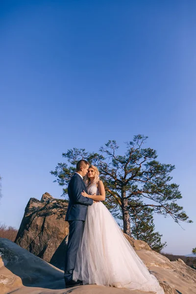 美丽的新婚夫妇在岩石 石头和树木的衬托下拥抱在一起 — 图库照片