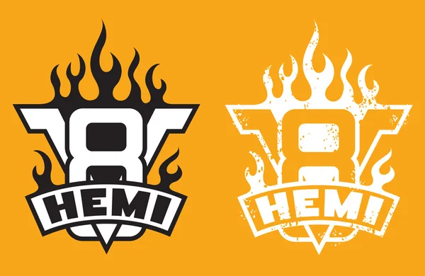 V8 hemi двигун емблема з полум'ям і grunge варіант — стоковий вектор