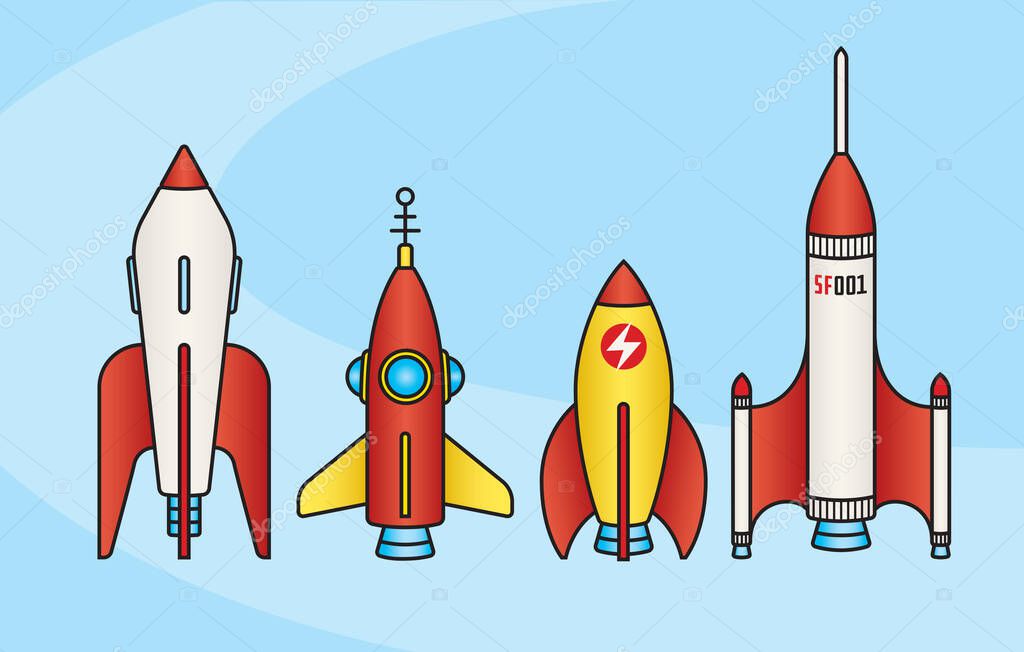 Set of retro science fiction rocket ship designs.Four super cool vintage style vector illustrations of classic mid-century outer-space rockets. Blast off, baby!