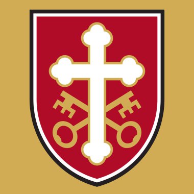 Çapraz anahtarlı Hıristiyan çapraz rozeti ya da logo tasarımı. Aziz Peter 'ın çapraz anahtarlarını içeren kalkan tasarımında süslü haçın vektör çizimi..
