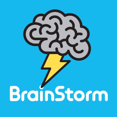 Brainstorm Idea concept illustration with brain and lightening bolt.Vector illustration of brain logo or badge with lightning and custom lettering for brainstorm.