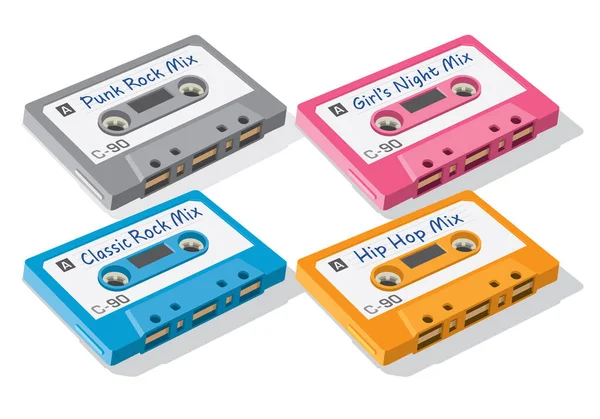Vector Illustration Multiple Vintage Audio Cassette Mix Tapes Digital Drawing — Vetor de Stock
