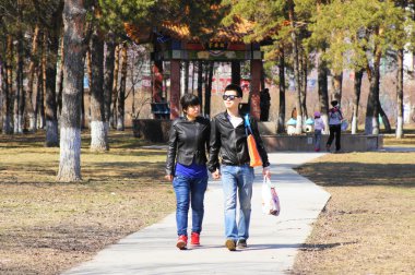 Chinese young couple walking along the path of the park clipart