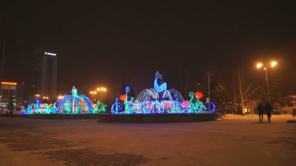 Krasnoyarsk Winter Light Fountains At Night 01 — Stock Video