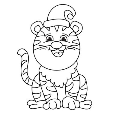 Noel şapkalı şirin kaplan, siyah beyaz vektör çizimi..