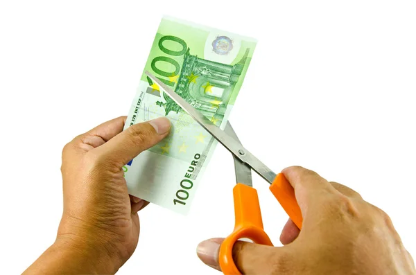 Euro money being cut in two with scissors — Stock Photo, Image