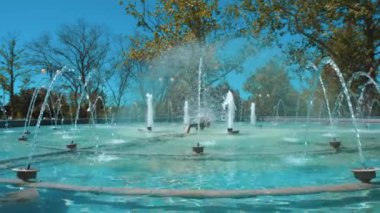 Parktaki çeşme, güneşli bir yaz gününde küçük su püskürtüleriyle dolu.