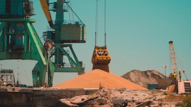 Hafenkran schüttet Sand auf einen großen Haufen in einem Industriehafen — Stockvideo