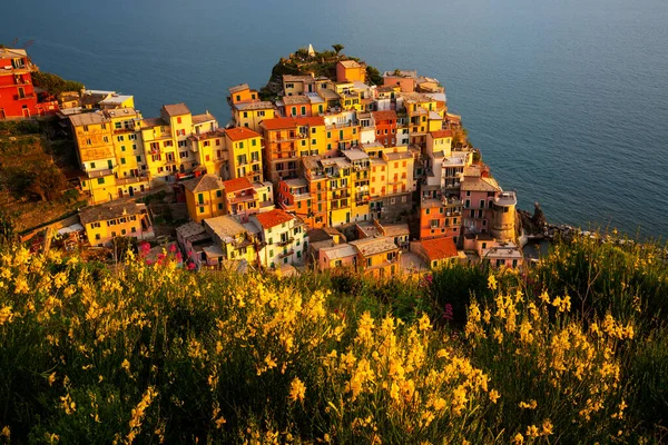 美丽的落日光照在意大利风景如画的村庄Cinque Terre上 — 图库照片