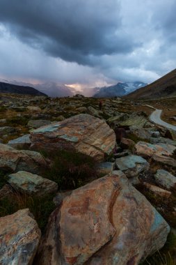 Beautiful scenery in the Swiss Alps in summer, with Matterhorn peak in the background