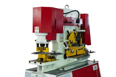 Compact hydraulic punch shear bender and notching machine for cutting various shape metal e.g. round bar angle bending square flat plate u channel etc. isolated with clipping path