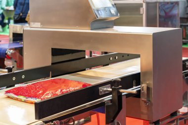 Meat bag on conveyor pass detection coil of metal detector machine for manufacturing process of food industrial