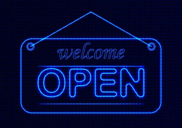 Neon Text Style Welcome Open Graphics Design Εικονογράφηση Διανυσμάτων — Διανυσματικό Αρχείο