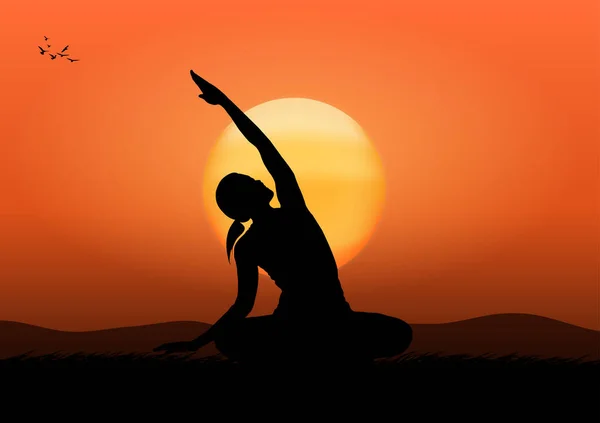 Grafik Billede Tegning Yoga Kvinde Med Solopgang Bjerglandskab Baggrund Koncept – Stock-vektor