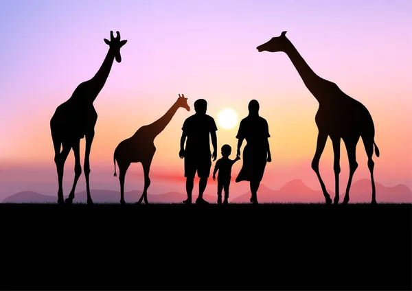 图景景观父亲 母亲和儿子带着长颈鹿在森林中的山景背景和黄昏的轮廓矢量画图 — 图库矢量图片