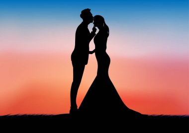 grafik resmi gelin ve damat silueti konsepti romantik vektör illüstrasyonunu seviyor