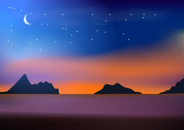 Grafiken Zeichnung Landschaft Strand Meerblick Mit Mond Himmel Und Stern — Stockvektor