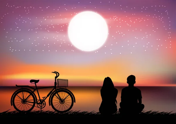Silhouettenbild Ein Paar Mann Und Frauen Sitzt Strand Mit Mond — Stockvektor