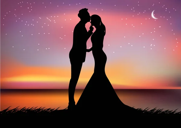Gambar Siluet Pasangan Pria Dan Wanita Dengan Bulan Langit Pada - Stok Vektor