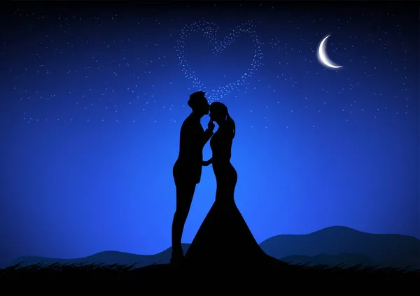 Silhouette Image Couple Man Women Moon Sky Night Time Design — Stock Vector