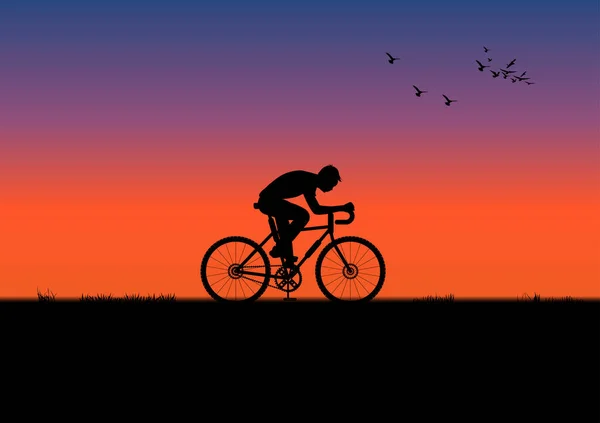 Homme Vélo Soir Avec Lumière Coucher Soleil Silhouette Orange Illustration — Image vectorielle