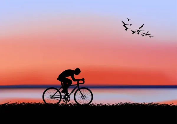 Graphisme Homme Vélo Soir Avec Fond Coucher Soleil Silhouette Orange — Image vectorielle