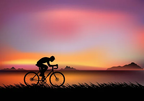 Homme Vélo Dans Soirée Avec Lumière Coucher Soleil Silhouette Orange — Image vectorielle