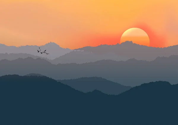 Gráficos Dibujo Paisaje Vista Aire Libre Puesta Sol Con Ilustración — Vector de stock