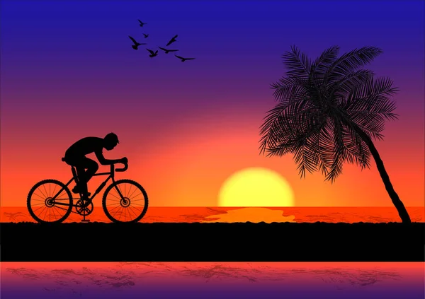 Homem Andando Bicicleta Noite Com Fundo Pôr Sol Silhueta Laranja — Vetor de Stock