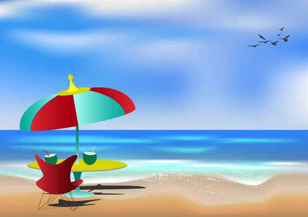 图画图景观海洋蓝天与椅子 伞形矢量图解 — 图库矢量图片