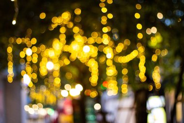 Bulanık görüntü dekoratif açık dize ışıklar gece zaman festivaller sezon - dekoratif Noel ışıkları - mutlu yıllar, bahçedeki ağaç üzerinde asılı