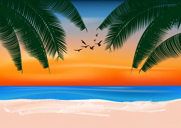 Paisagem Vista Desenho Oceano Natureza Com Palmeira Crepúsculo Após Pôr —  Vetores de Stock