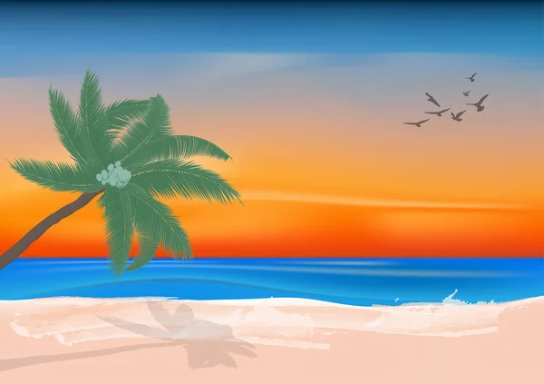 利用棕榈树和日落后的暮色描绘海洋自然景观 — 图库矢量图片
