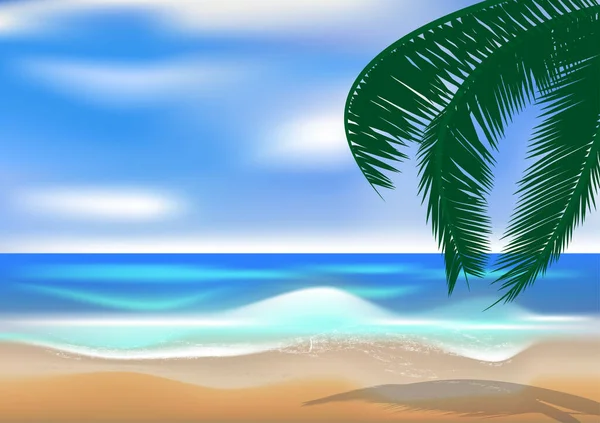 Graphics Tekening Landschap Uitzicht Oceaan Blauwe Lucht Met Kokosnoot Blad — Stockvector