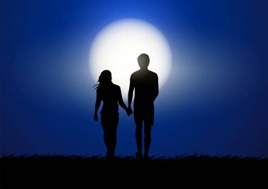 Bir çift erkek ve kadın gece vakti Ay 'la birlikte açık havada durur ve tasarım vektörü çizimi yapar.