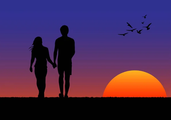 Graphics Tekening Paar Jongen Meisje Staan Zonsondergang Met Licht Silhouet — Stockvector