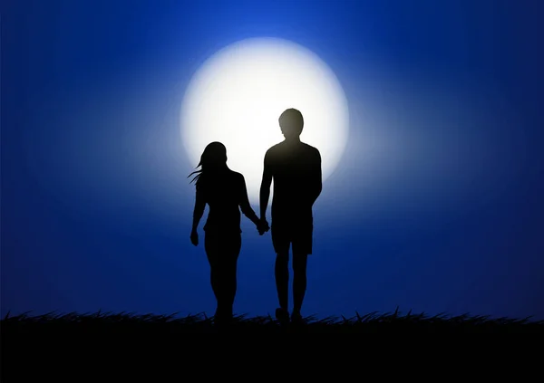 Пара Мужчин Женщин Стоят Открытом Воздухе Земле Луной Небе Ночное — стоковый вектор