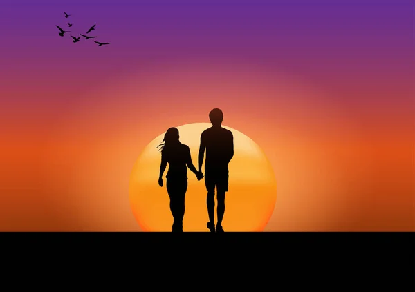 Graphics Drawing Couple Boy Girl Stand Look Sunset Light Silhouette — Stock Vector