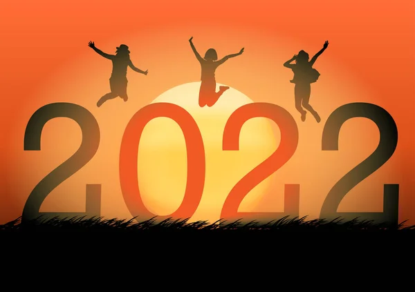 Графический Рисунок Силуэт Номер 2022 Группой Людей Прыгать Новым Годом — стоковый вектор
