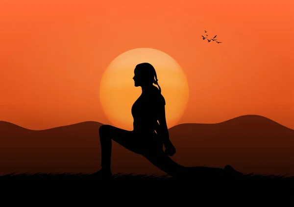 Grafik Tegning Silhuet Kvinder Udøver Træning Yoga Udgør Med Solopgang – Stock-vektor