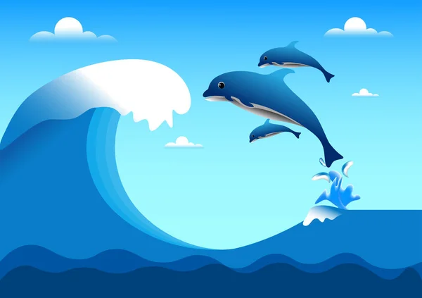 Dibujo Delfines Peces Olas Océano Feliz Saltando Con Ilustración Vector — Vector de stock
