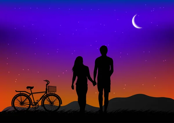 Εικόνα Σιλουέτα Ένα Ποδήλατο Φεγγάρι Στον Ουρανό Κατά Διάρκεια Της — Διανυσματικό Αρχείο
