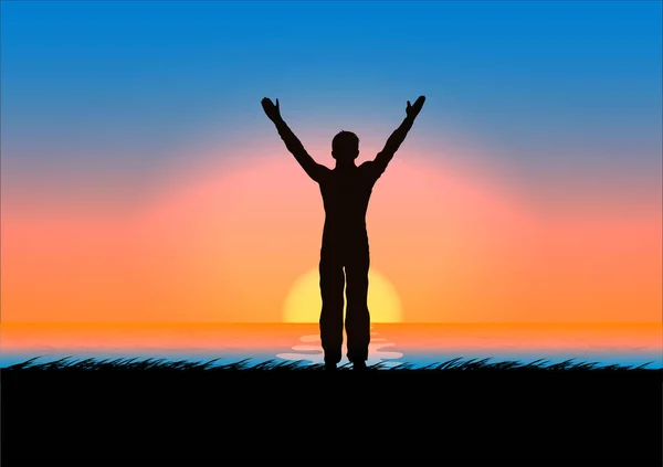 Σχέδιο Σιλουέτα Έννοια Ευχαριστιών Άνθρωπος Στέκεται Σηκώστε Χέρι Σας Ηλιοβασίλεμα — Διανυσματικό Αρχείο