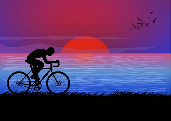 Gráfico Imagem Homem Andar Bicicleta Noite Com Pôr Sol Fundo — Vetor de Stock