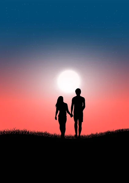 Silhouette Image Couple Homme Femmes Debout Sur Herbe Avec Regard — Image vectorielle