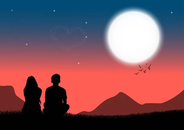 Silhouette Image Couple Hommes Femmes Assis Sur Herbe Regarder Lune — Image vectorielle